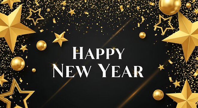Elegant happy new year text with gold stars and confetti on black background - Powered by Adobe