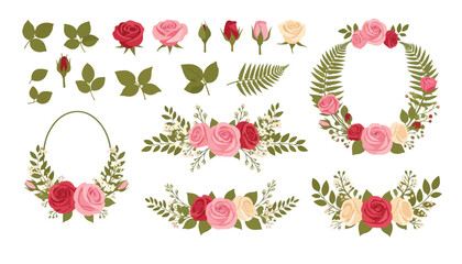 Collection of floral elements including roses, buds, leaves, fern fronds, and wreaths, arranged on a white background.