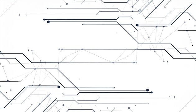 Clean and Abstract Digital Circuitry Background with Interconnected Lines, Nodes, and Subtle Text Elements on a Bright White Surface, Symbolizing Technology Flow.