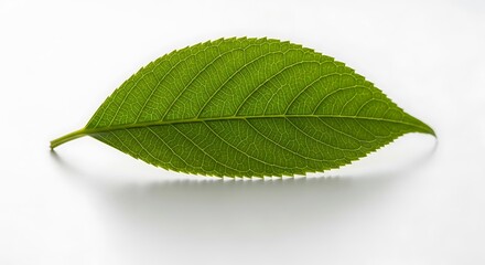 Fototapeta premium Single Green Leaf with Serrated Edges on White Background.