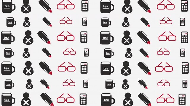 Seamless Pattern of Black and Red Glasses and Technology Icons on White Background, Graphic Design, Close-up View