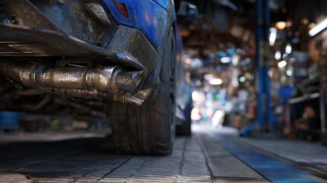 202Macro perspective of undercarriage showing catalytic converter and exhaust pipe connections, realistic grease and metal textures, blurred tools and floor in background
