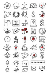 Remembrance Day Vector Icon Set &ndash; Memorial Poppy Symbols, Peace, Honor, Veterans, and Tribute Illustrations