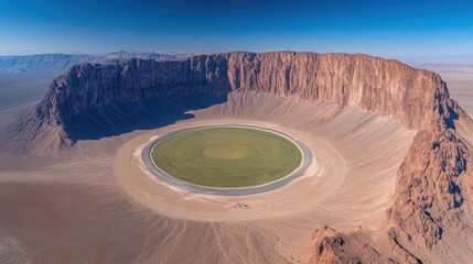 Aerial view of a circular agricultural field inside a desert crater