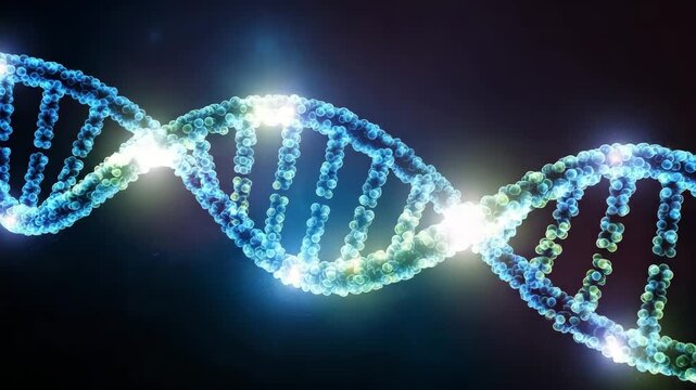Abstract visualization of a glowing blue and green dna double helix structure against a dark background