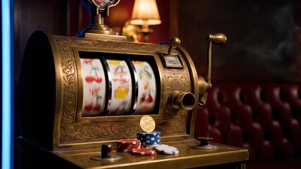 Spinning slot machine reels show win. Brass casing frames lever and coin tray. Stacked chip and coin sit ready for payout. Lamp light and leather chair suggest casino. Slow smoke adds vintage mood. - Powered by Adobe