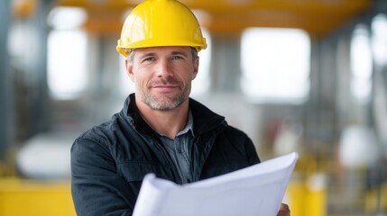 A confident construction worker wearing a hard hat holds blueprints in an industrial environment. The mood is focused and professional, ideal for construction themes.