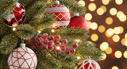 Classic Christmas Tree with Ornaments and Warm Bokeh Lights