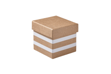 A small, square gift box.  Beige cardboard with three horizontal white stripes.  Simple, minimalist design.  Solid, closed box