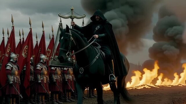 Roman empire justice scales rider horse fire smoke war battle scene historical dramatic action movie clip 