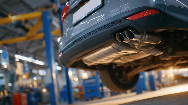 207High-detail close-up of vehicle undercarriage, stainless steel exhaust system illuminated by warm garage light, hydraulic lift and tools in soft focus