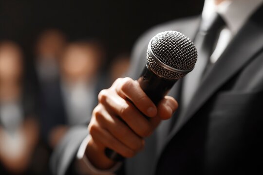 Close-Up of Microphone Held by Public Speaker in Formal Attire