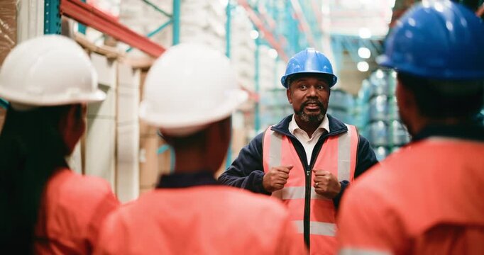 Logistics, team or manager with discussion in warehouse, package storage or distribution instructions. Supply chain, quality control or people with supervisor for safety protocol, export or inventory