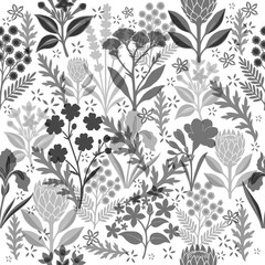Monochrome seamless floral pattern. Hand drawn. Not AI, vector illustration.