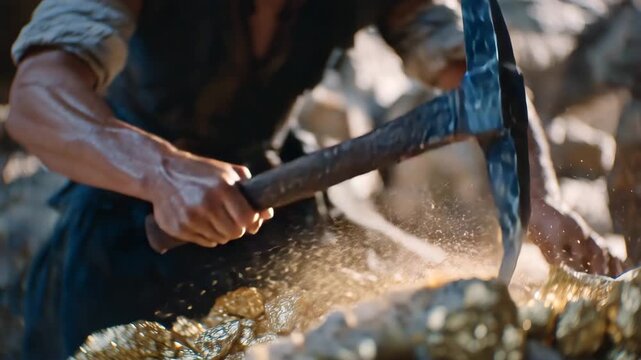 220Detailed view of pickaxe impacting rock in gold mine tunnel, airborne dust illuminated by soft lantern light, rugged hands and forearms in sharp focus