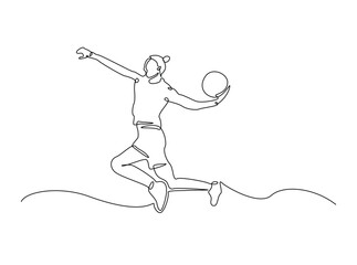 Continuous line art drawing of Female Basketball player ribbling ball. woman playing basketball in single outline illustration.