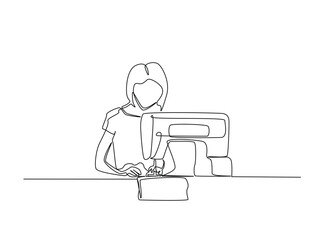 Continuous line art drawing of woman work with sewing machine. woman using sewing machine in single outline illustration.