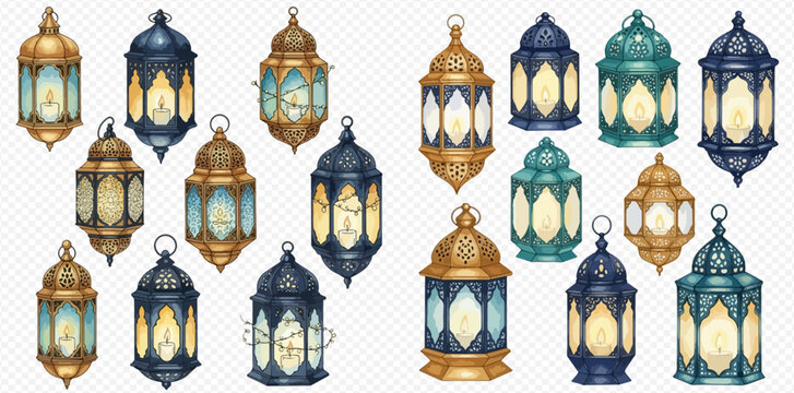 A collection of ornate Islamic lanterns in gold, blue, and teal colors, featuring intricate patterns and glowing lights, set against a transparent background.