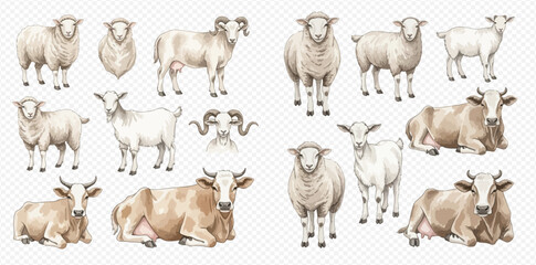 A comprehensive collection of watercolor illustrations showcasing various farm animals including sheep, goats, and cows in different poses and angles.