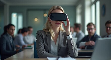 Businesswoman Using VR Headset in Corporate Meeting: Future of Work and Virtual Collaboration - Powered by Adobe