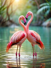 Fototapeta premium A pair of pink flamingos stand gracefully in calm water, surrounded by lush greenery, symbolizing love and harmony in nature.