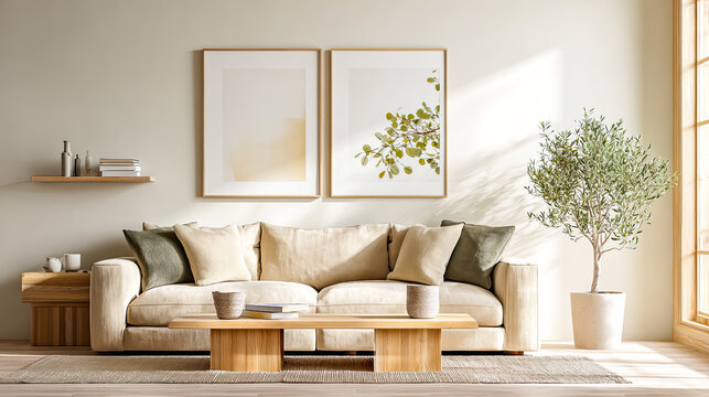 Helle skandinavische Wohnr&auml;ume mit modernen Poster-Mockups in ruhigen, minimalistischen Interiors. Nat&uuml;rliche Materialien, weiches Tageslicht und klare Farben
