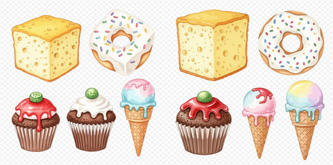 Watercolor illustration set of various sweet desserts including cakes, donuts, cupcakes, and ice cream cones with colorful toppings.