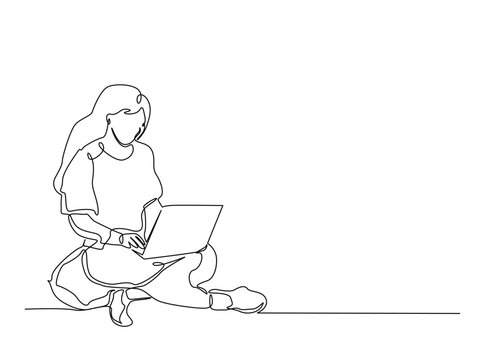 Continuous line art drawing of woman work with notebook or laptop. Businesswoman , virtual assistant working on a laptop draw in single outline illustration.