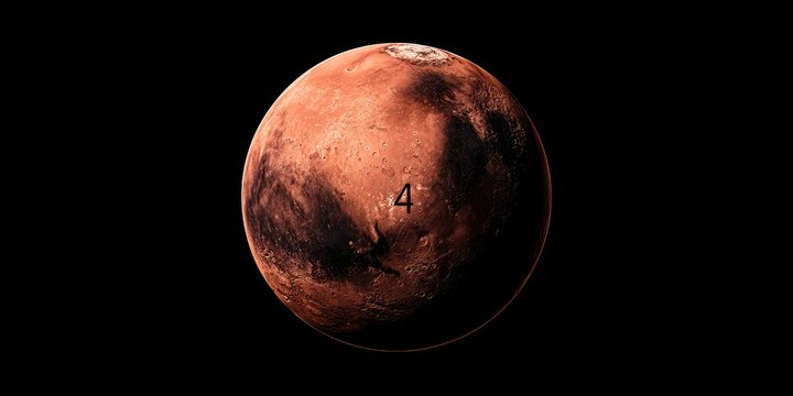Red planet with dark patches in space, number "4" superimposed