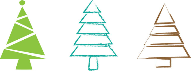 Set of festive Christmas trees with decorations and stars