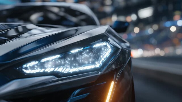 232Cinematic close-up of a futuristic car headlight, bright white LEDs forming geometric patterns, orange signal light glowing, black glossy background emphasizing contrast