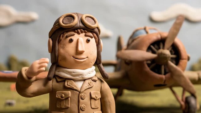 Charming Claymation Pilot Wears Goggles and Jacket Standing by Vintage Airplane on a Sunny Day with Fluffy Clouds in Background