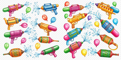 Colorful water guns and balloons splashing water, celebrating the vibrant Holi festival.