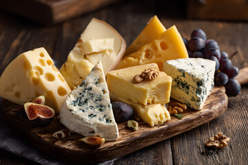 Cheese platter featuring assorted cheeses, fruits, and nuts on a wooden board