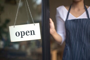 Woman in Apron Holding Open Sign at a Cozy Cafe Doorway