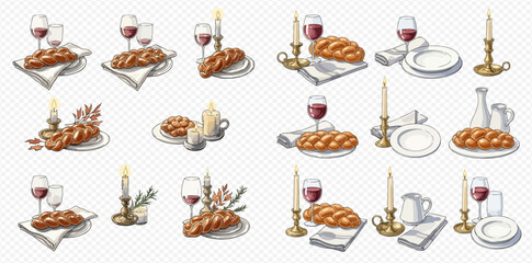 Watercolor illustrations of traditional challah bread, red wine, and lit candles for a festive or religious meal setting.