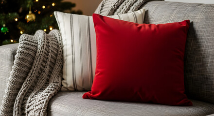  Cozy Festive Living Room with Christmas Tree, Plush Pillows, and Knit Blanket