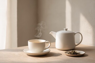Fototapeta premium Close-up of white tea leaves beside a teapot in soft natural light