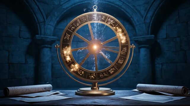 astrolabe zodiac wheel rests on pedestal in stone chamber. light pulses from center and fills chamber space. metal ring displays symbol bands around rim. scroll and table sit nearby. glow arcs.