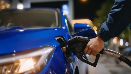 248Detailed view of a man inserting a fuel nozzle into a car’s tank, pump handle glowing slightly under station lights, close-up capturing the concept of transportation and refueling