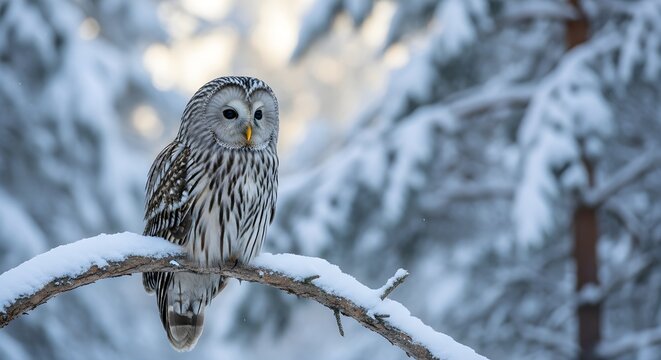 A majestic owl with striking facial features and piercing intelligent eyes sits vigilantly perched on a snow-covered branch surrounded by frost-laden forest, exemplifying the quiet strength and predat
