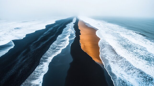 Aerial view of black sand beach meets golden sand beach