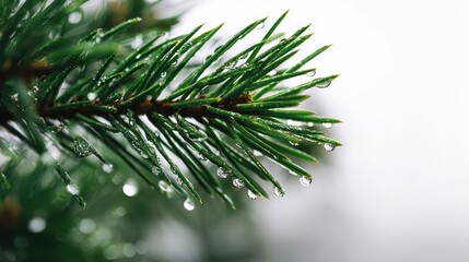Close-up photograph of a vibrant green Christmas pine twig with needles and dew droplets