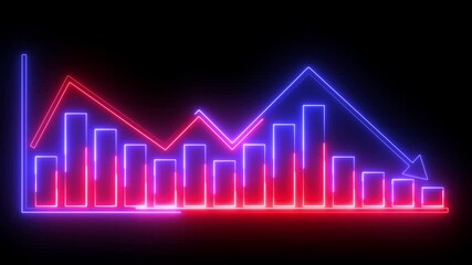 glowing neon red and blue color business graph icon animation business report presentation growth bar chart line finance stock marketing success profit trend up and down arrow on black background - Powered by Adobe