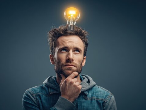 Man with light bulb over his head - Powered by Adobe