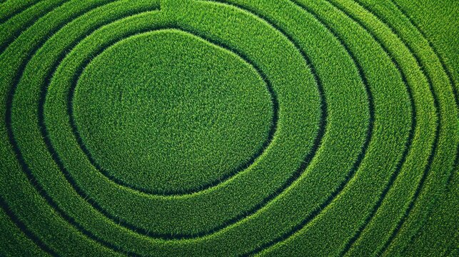 Aerial view of concentric circles in a rice paddy