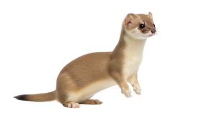 Isolated Stoat, Standing Small Animal Weasel Against Neutral Backdrop. Portrait Close-up