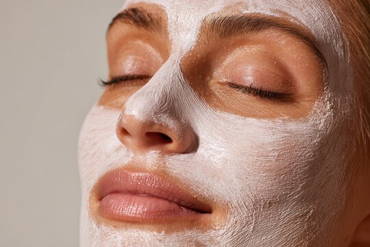 Close-up portrait of a woman with a white facial mask in a serene spa setting - Powered by Adobe