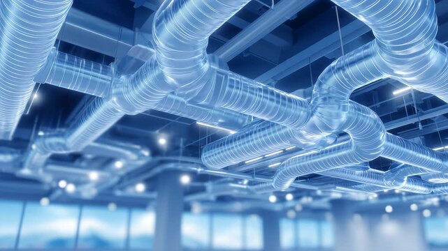 262Modern 3D vector blueprint of HVAC air ducts, detailed junctions, vents, and pipelines, BIM model style emphasizing precision for architectural planning