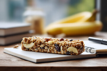 Healthy snack with granola bar, fruits, and notepad on a wooden table in cozy indoor setting